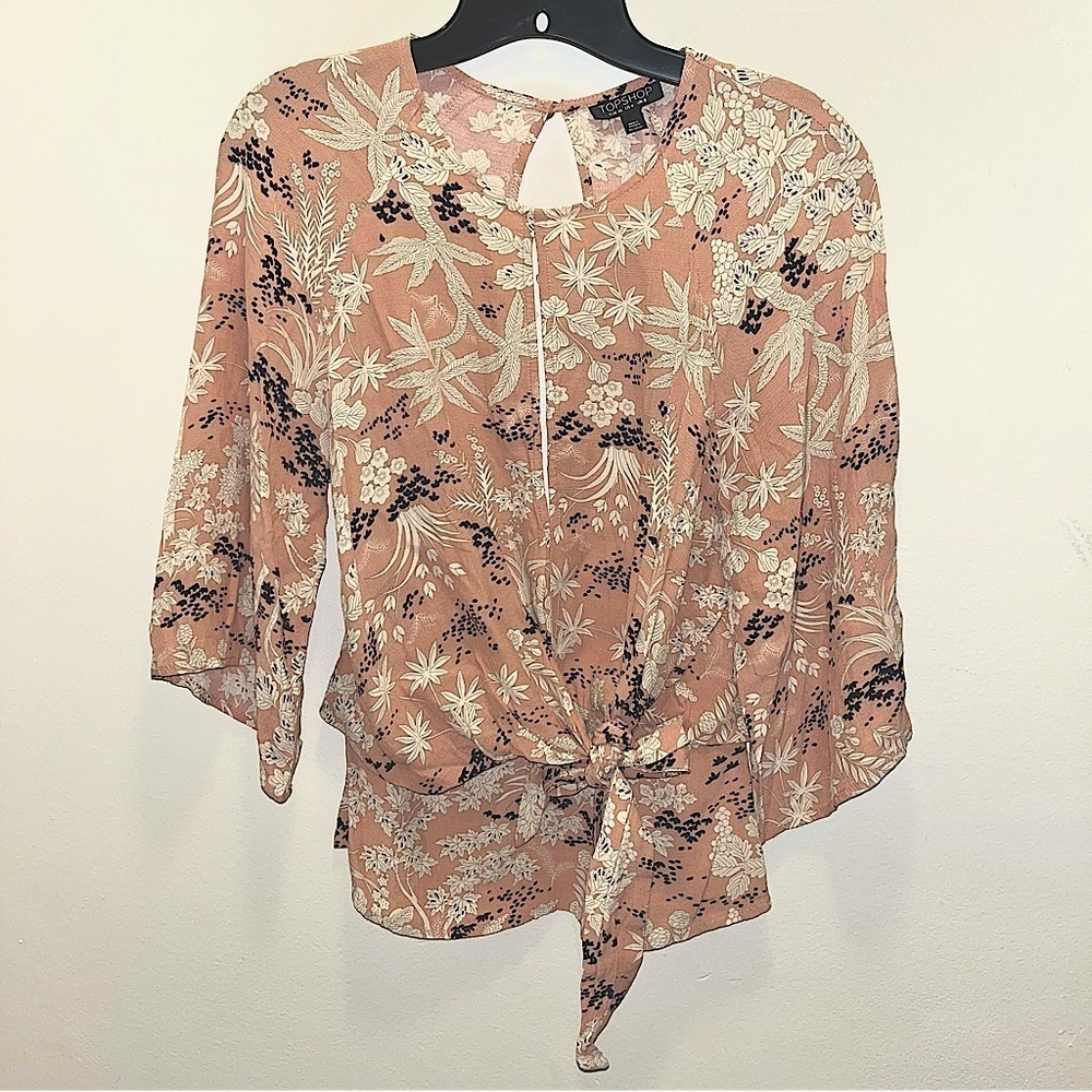 Topshop Keyhole Tie Front Peach Orange‎ Floral Blouse Top Size 4